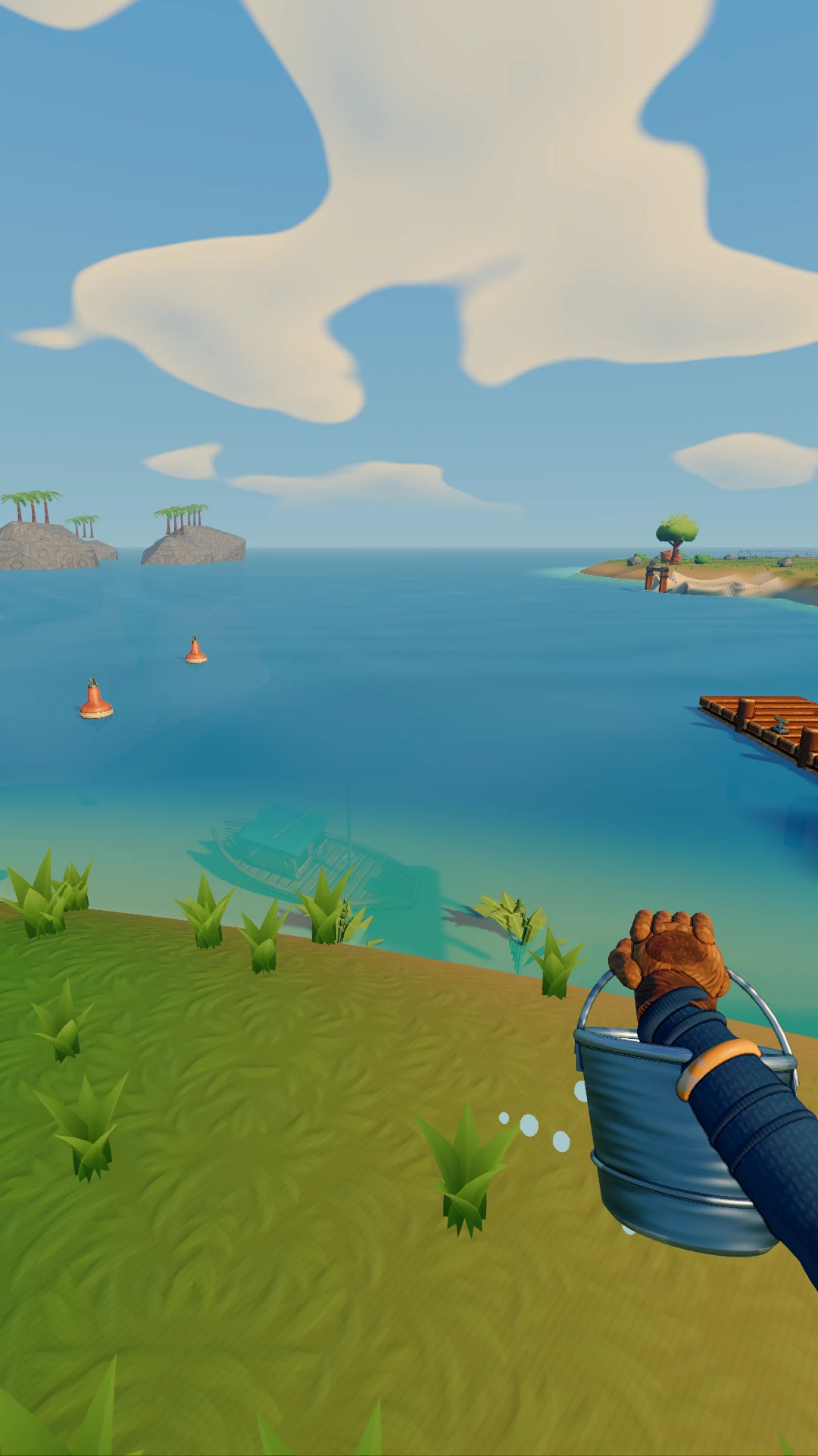 A first-person bucket at the edge of the water