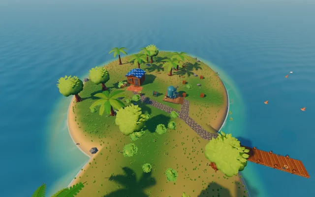 Brine Bay island, its shed and wooden pier, surrounded by ocean
