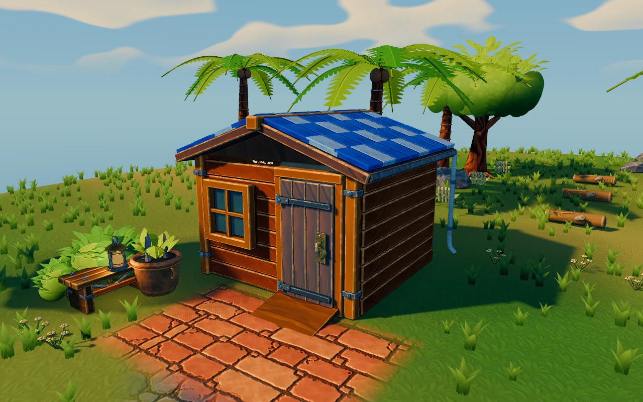 Your wooden shed with a blue roof, surrounded by palms